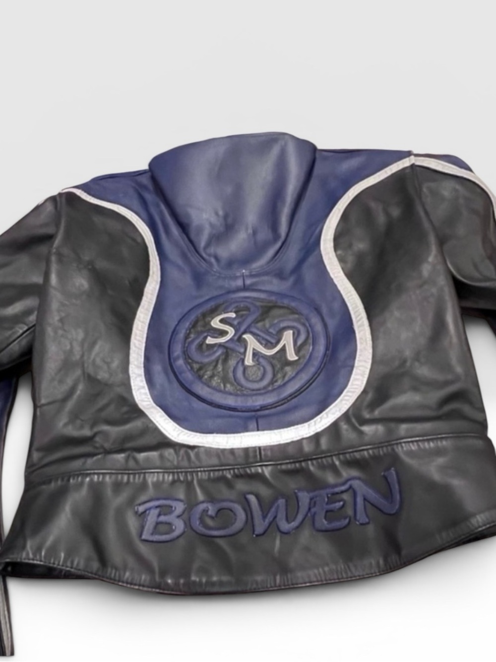 Vtg 70s SM Brooks Blue & Black Leather Cafe Racer Jacket - Racing Stripes moto